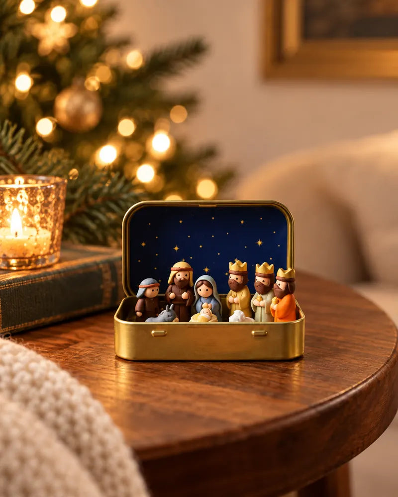 An open mini Nativity tin with the Holy Family and Three Kings on a wooden side table next to a lit Christmas tree