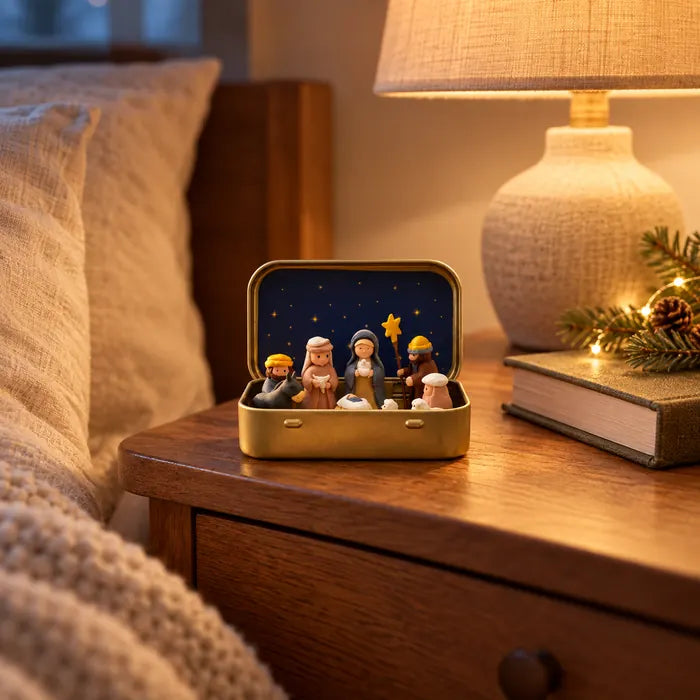 Mini Nativity tin displayed on a small bedside table beside a linen lamp and a closed book