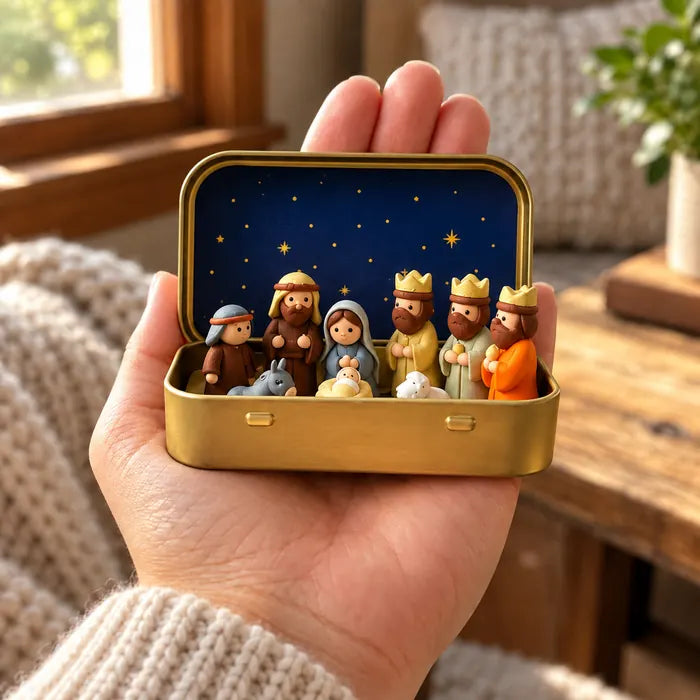 The open mini Nativity tin resting in an adult's palm to show its small size