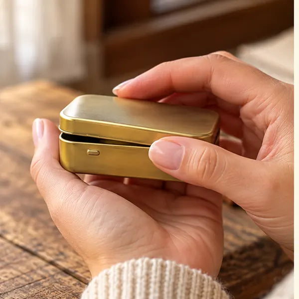 Hands holding the closed gold-tone tin, about to open the lid