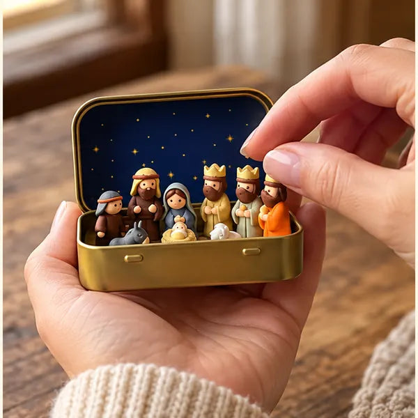 Hands placing a small figure inside the open Nativity tin in front of the starry lid