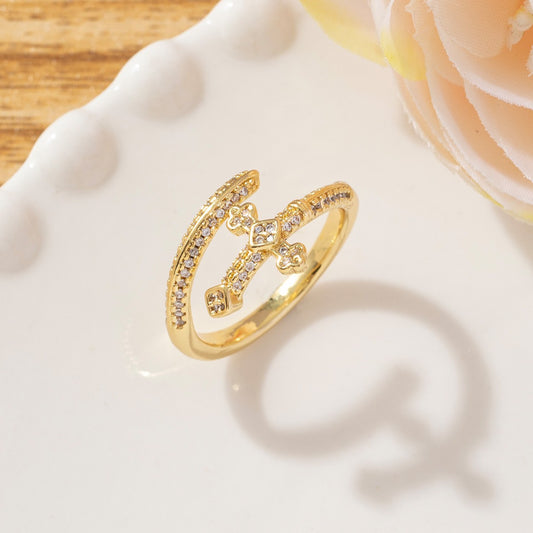 Adjustable cross ring with sparkling stones