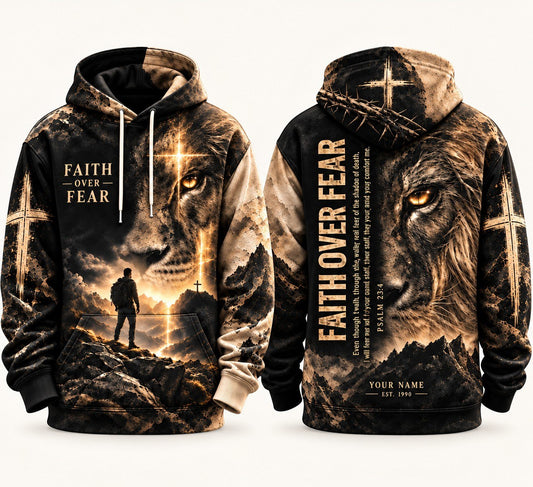Personalized Lion of Judah Hoodie – Faith Over Fear Psalm 23:4 Christian All Over Print Pullover