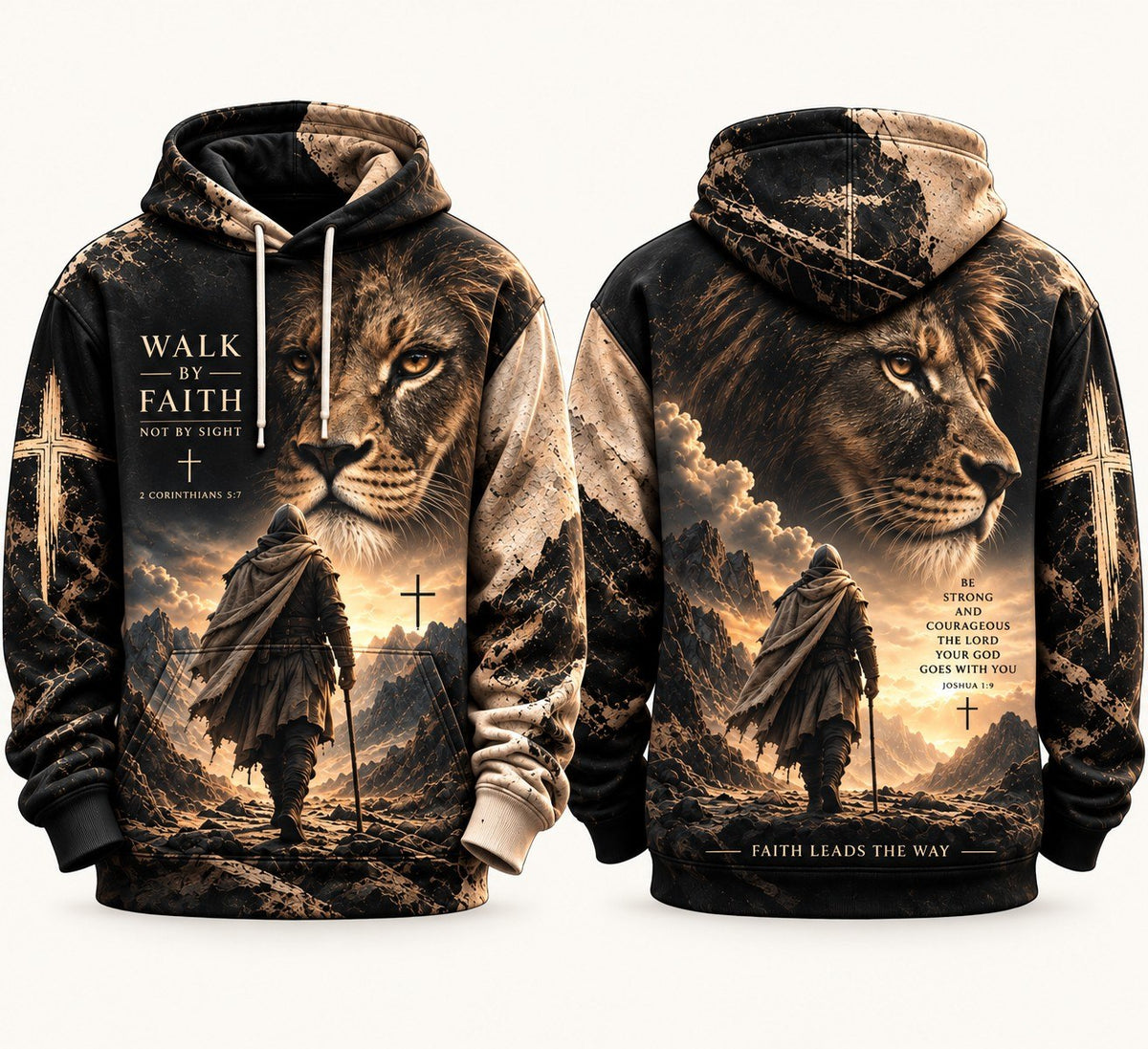 Lion of Judah Walk by Faith Hoodie – 2 Corinthians 5:7 Christian All Over Print Pullover for Men & Women