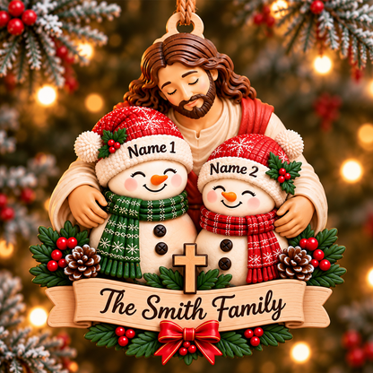 Personalized Christian Family 3D Relief Ornament – Jesus Hugging Snowman Family Christmas Decor