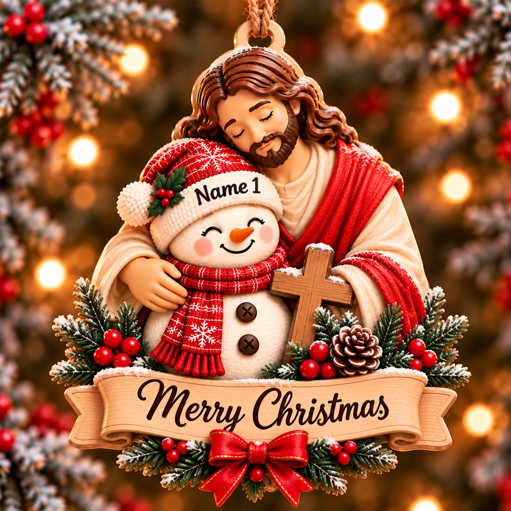 Personalized Christian Family 3D Relief Ornament – Jesus Hugging Snowman Family Christmas Decor