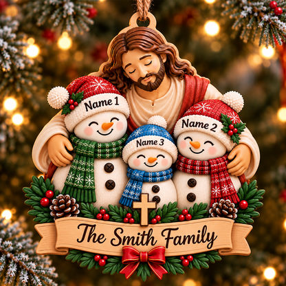 Personalized Christian Family 3D Relief Ornament – Jesus Hugging Snowman Family Christmas Decor