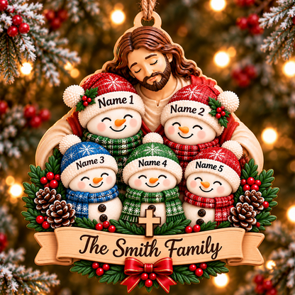 Personalized Christian Family 3D Relief Ornament – Jesus Hugging Snowman Family Christmas Decor