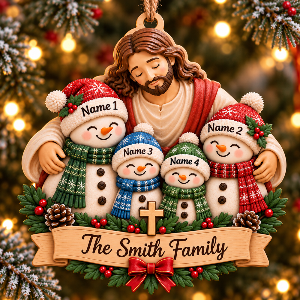 Personalized Christian Family 3D Relief Ornament – Jesus Hugging Snowman Family Christmas Decor