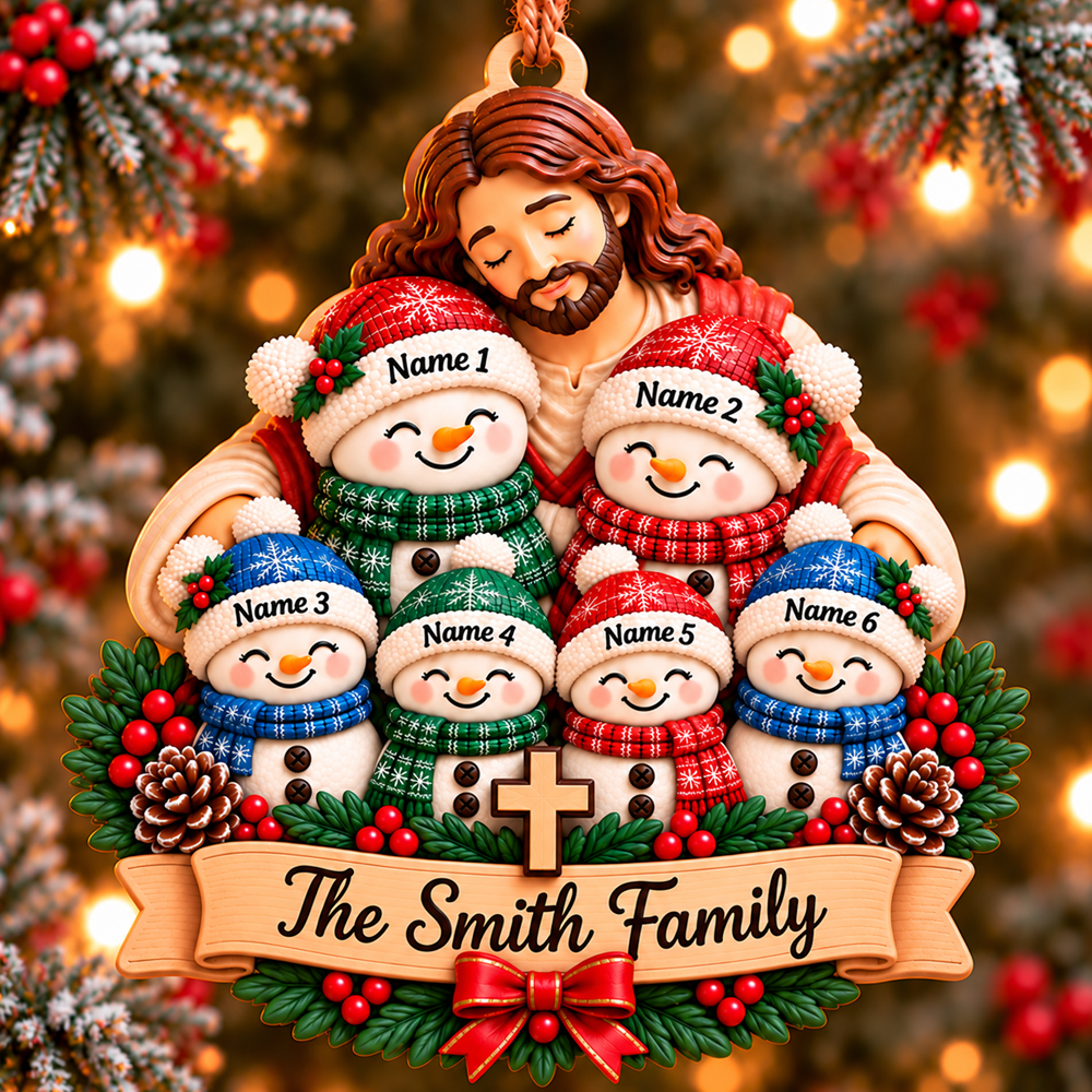 Personalized Christian Family 3D Relief Ornament – Jesus Hugging Snowman Family Christmas Decor